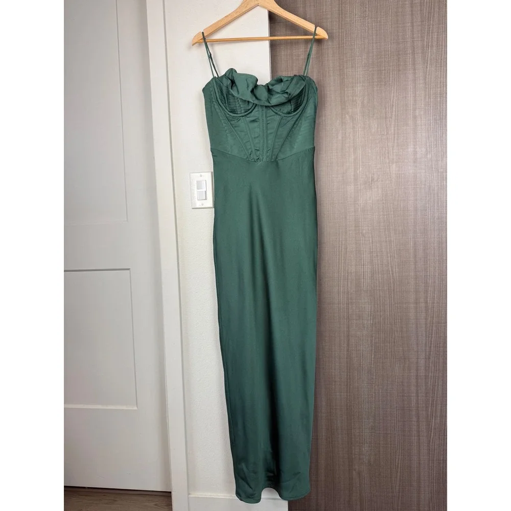 House of CB Charmaine Corset Maxi Dress Pine Green Satin Coquette Size Large